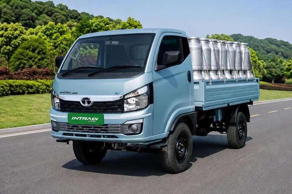 Tata Intra EV Pickup Light Blue Colour Mini Truck Left Front Side Exterior View Tata Intra EV Pickup Light Blue Colour Mini Truck Left Front Side Exterior View