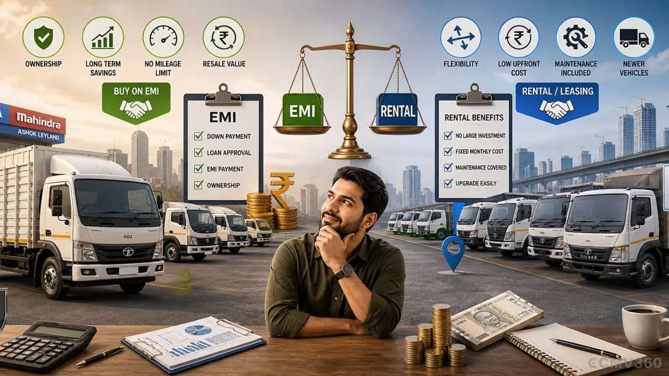 EMI vs Truck Rental in India (2026): Hidden Costs, Breakeven KM, Tax Benefits & Profitability Explained EMI vs Truck Rental in India (2026): Hidden Costs, Breakeven KM, Tax Benefits & Profitability Explained