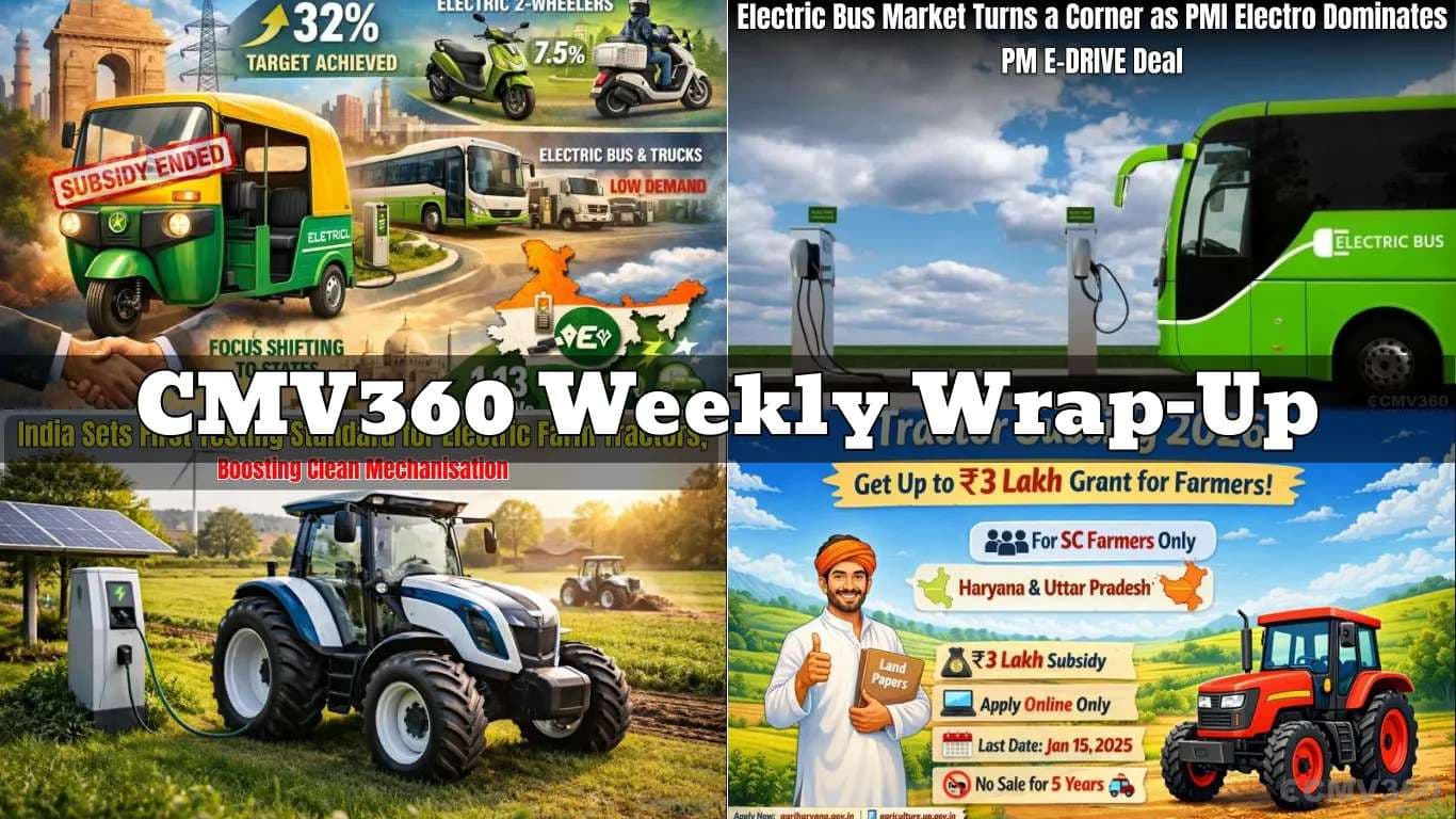 CMV360 Weekly Wrap-Up | 29 Dec 2025 – 3 Jan 2026: Electric Bus Surge, Tata & Mahindra CV Growth, Tractor Sales Jump, Big EV Subsidy & Farmer Schemes CMV360 Weekly Wrap-Up | 29 Dec 2025 – 3 Jan 2026: Electric Bus Surge, Tata & Mahindra CV Growth, Tractor Sales Jump, Big EV Subsidy & Farmer Schemes