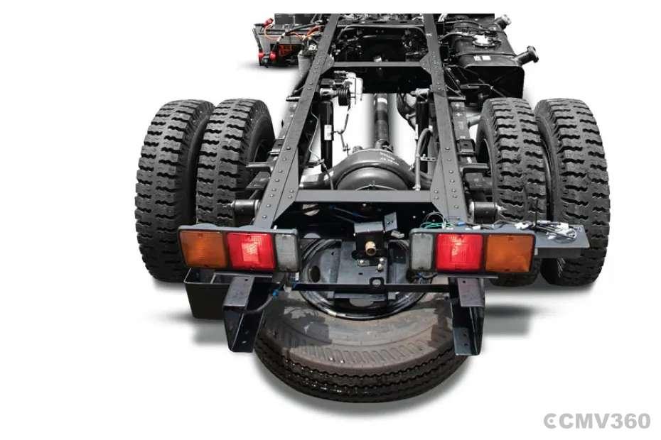 Robust rear chassis with dual tyres for heavy load support Robust rear chassis with dual tyres for heavy load support
