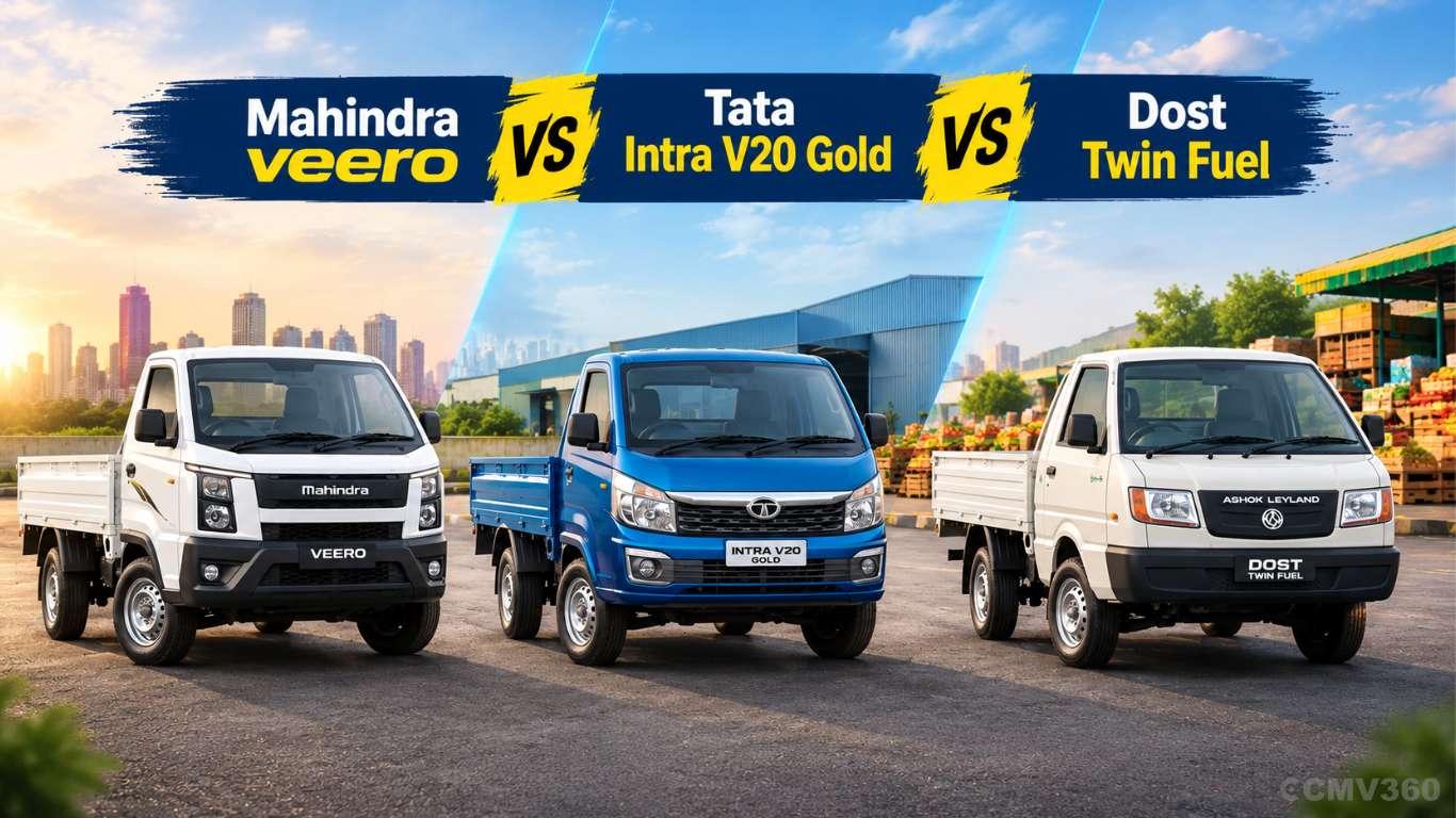Mahindra Veero vs Tata Intra V20 Gold vs Dost Twin Fuel: Price, Payload & Mileage Compared-Which Pickup Wins? Mahindra Veero vs Tata Intra V20 Gold vs Dost Twin Fuel: Price, Payload & Mileage Compared-Which Pickup Wins?